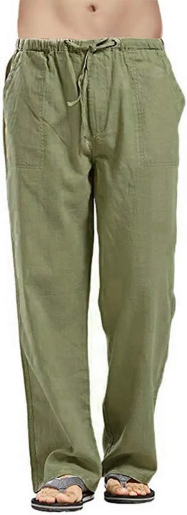 Mens Linen Harem Drawstring Plaid Pants Casual Elastic Waist Lightweight Loose Trouser Hippie Summer Beach Yoga Pant