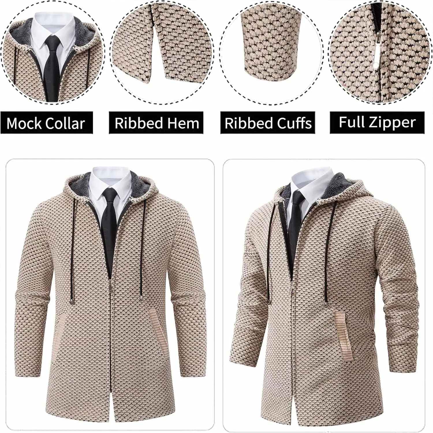 Mens Long Cardigan Hoodies Full Zip Fleece Lined Sweaters Fashion Knitted Men Regular Fit Sweater Hooded Coat