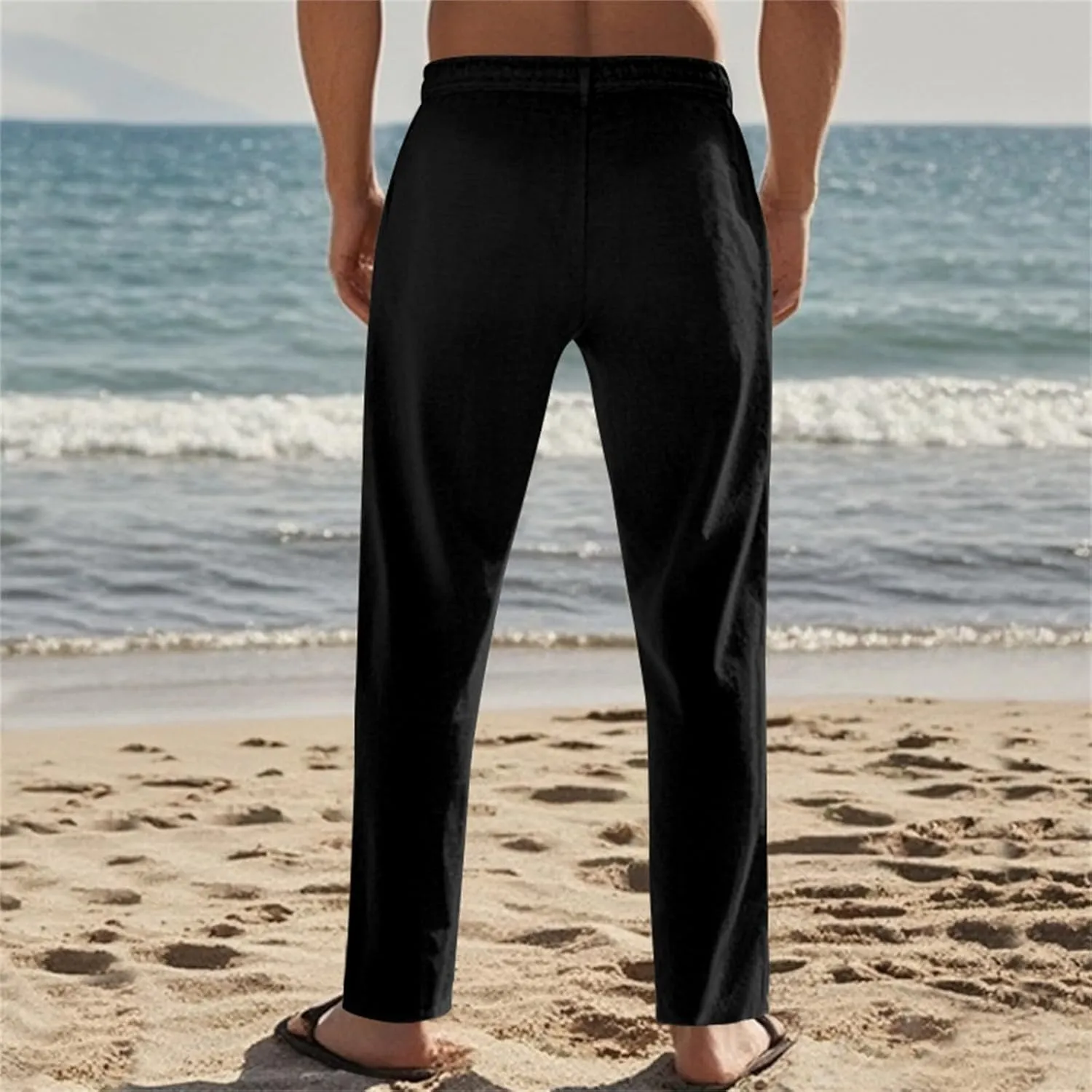 Mens Pants Casual Beach Linen Pants Drawstring Active Golf Pants Tapered Straight Leg Yoga Pants Dress Pants with Pocket
