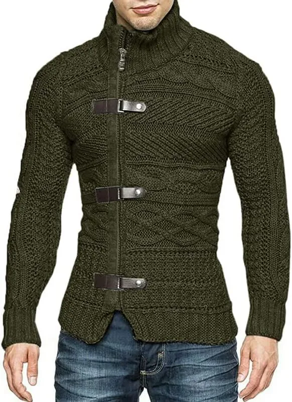 Men's Slim Fit Cable Chunky Knit Full Zip Up Button Turtle Neck Sweaters Cardigans