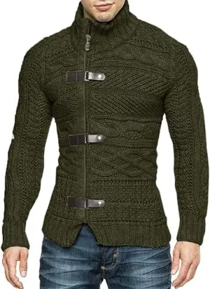 Men's Slim Fit Cable Chunky Knit Full Zip Up Button Turtle Neck Sweaters Cardigans