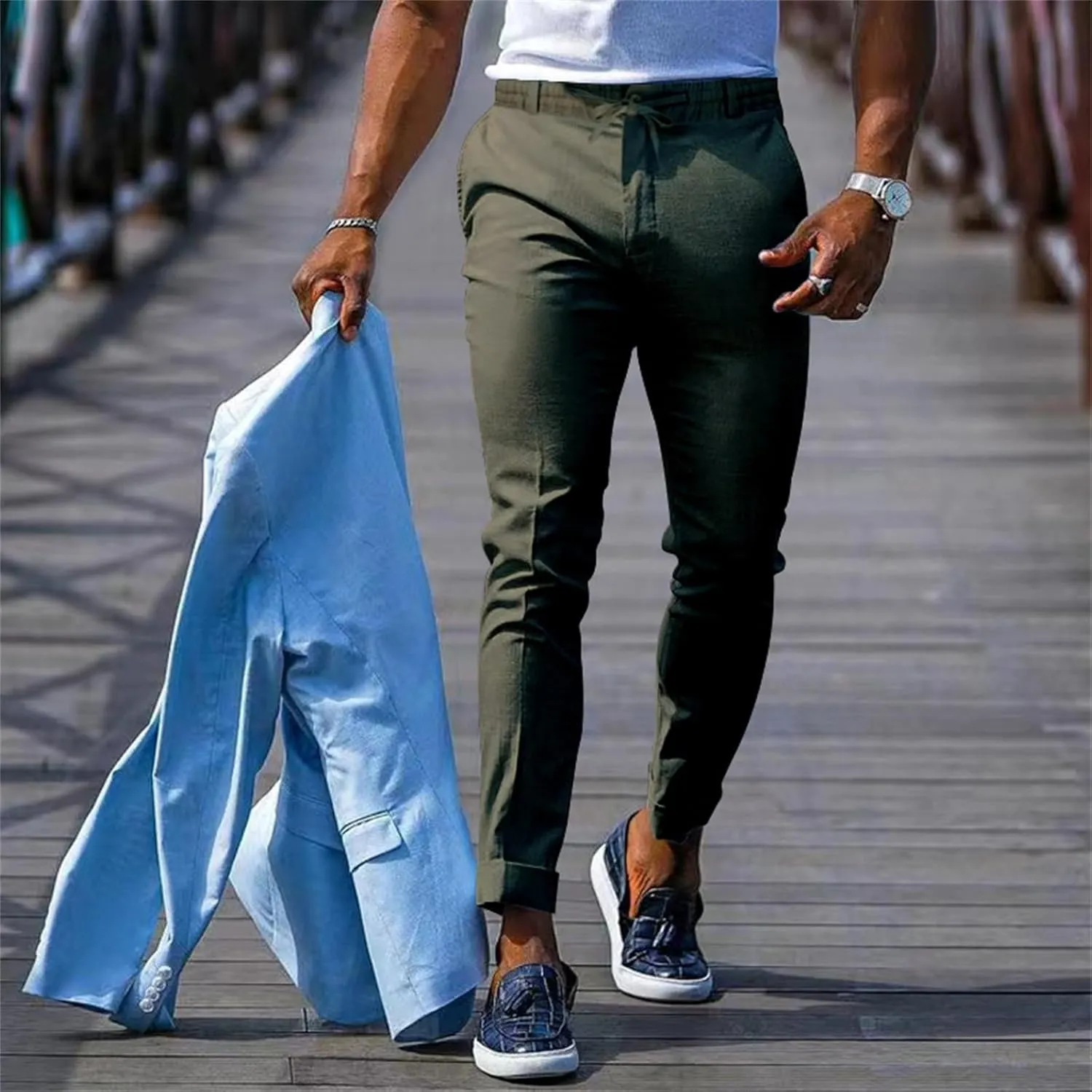 Mens Slim Fit Leisure Pants Mid Waist Soldi Color Straight Fall Fashion Hipster Trouser Dressy Casual Outdoor Versatile Pants