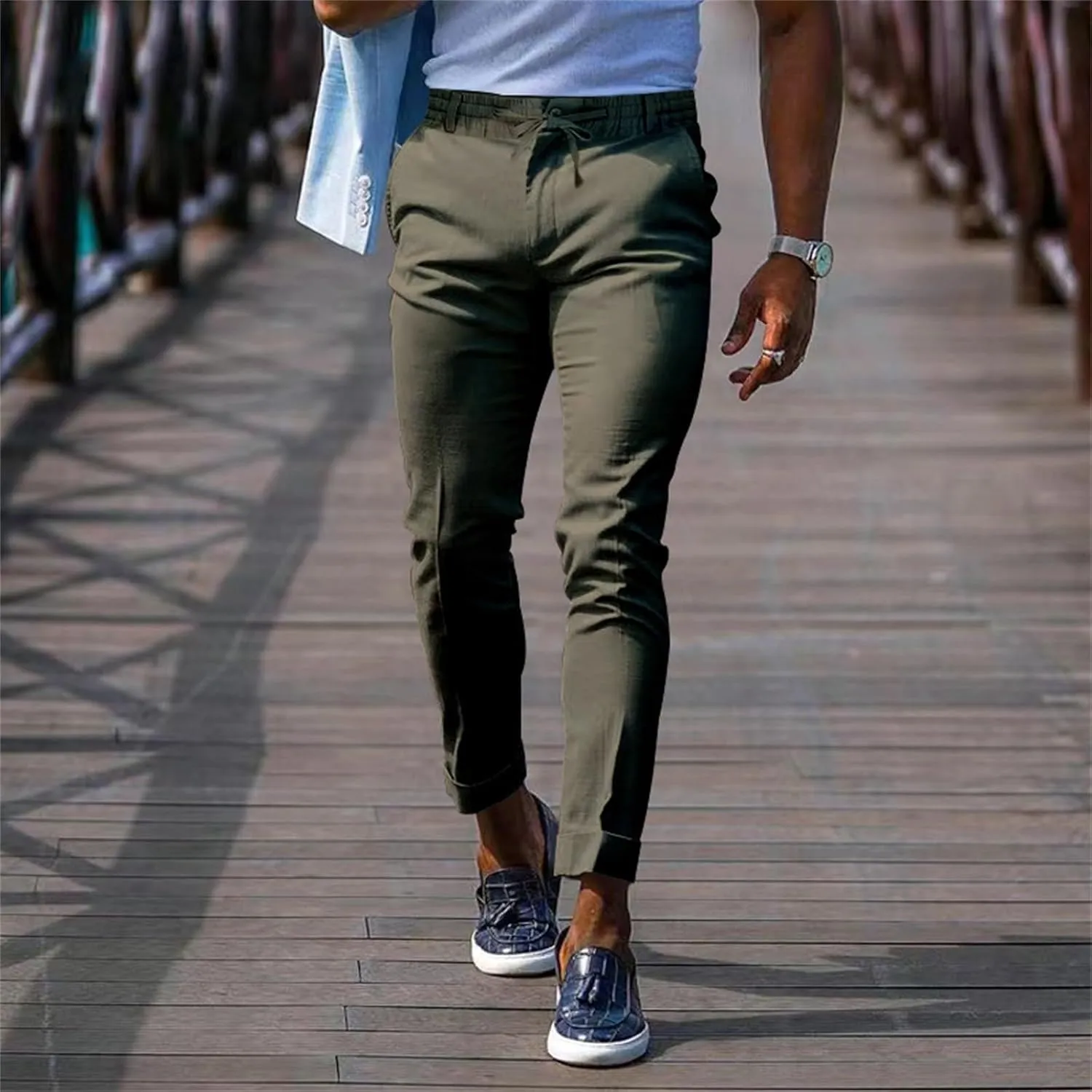 Mens Slim Fit Leisure Pants Mid Waist Soldi Color Straight Fall Fashion Hipster Trouser Dressy Casual Outdoor Versatile Pants