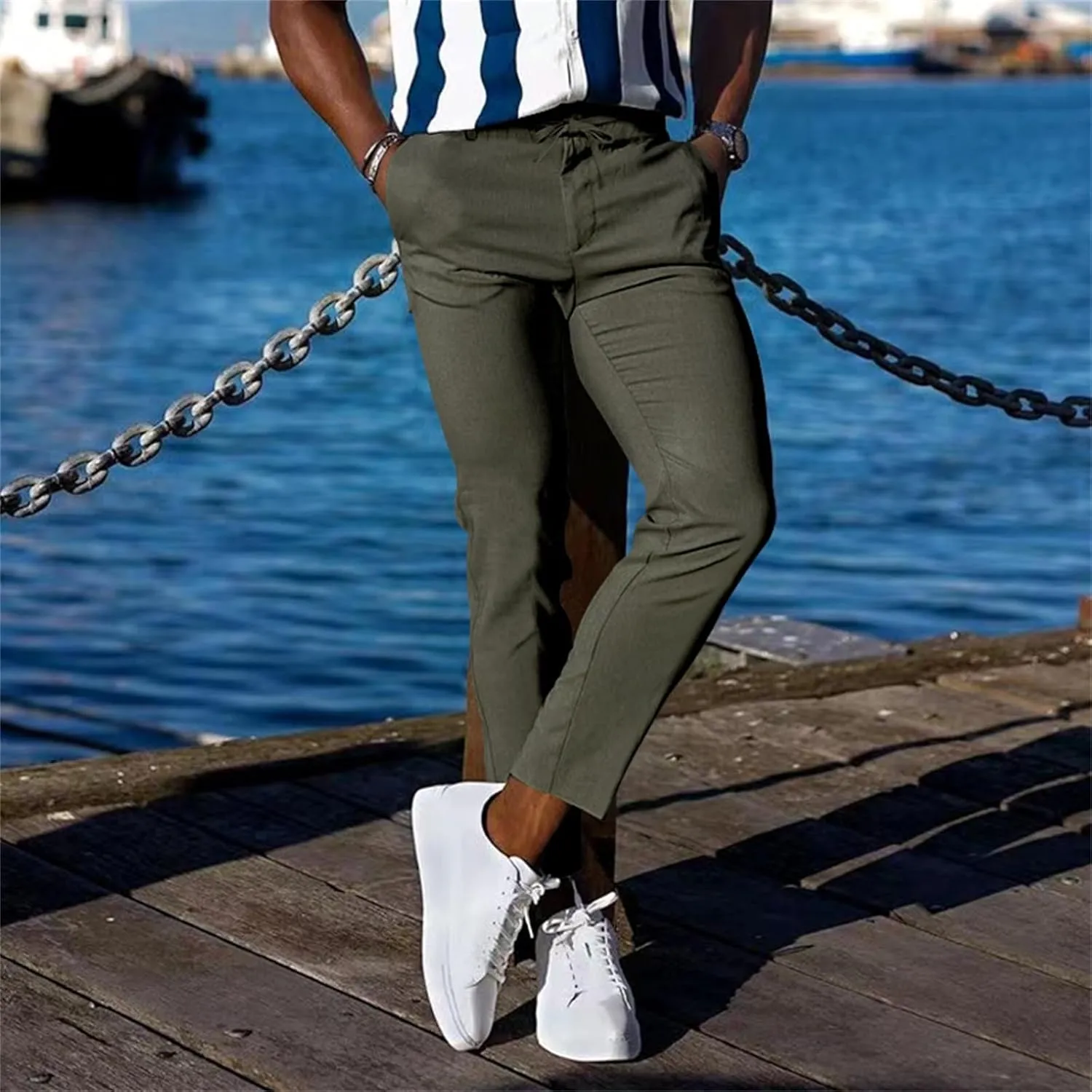Mens Slim Fit Leisure Pants Mid Waist Soldi Color Straight Fall Fashion Hipster Trouser Dressy Casual Outdoor Versatile Pants