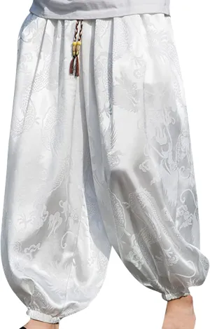 Mens Summer Ice Silk Dragon Printed Harem Pants Big and Tall Wide Leg Loose Breathable Beach Pant Retro Yoga Hip Hop Bloomer