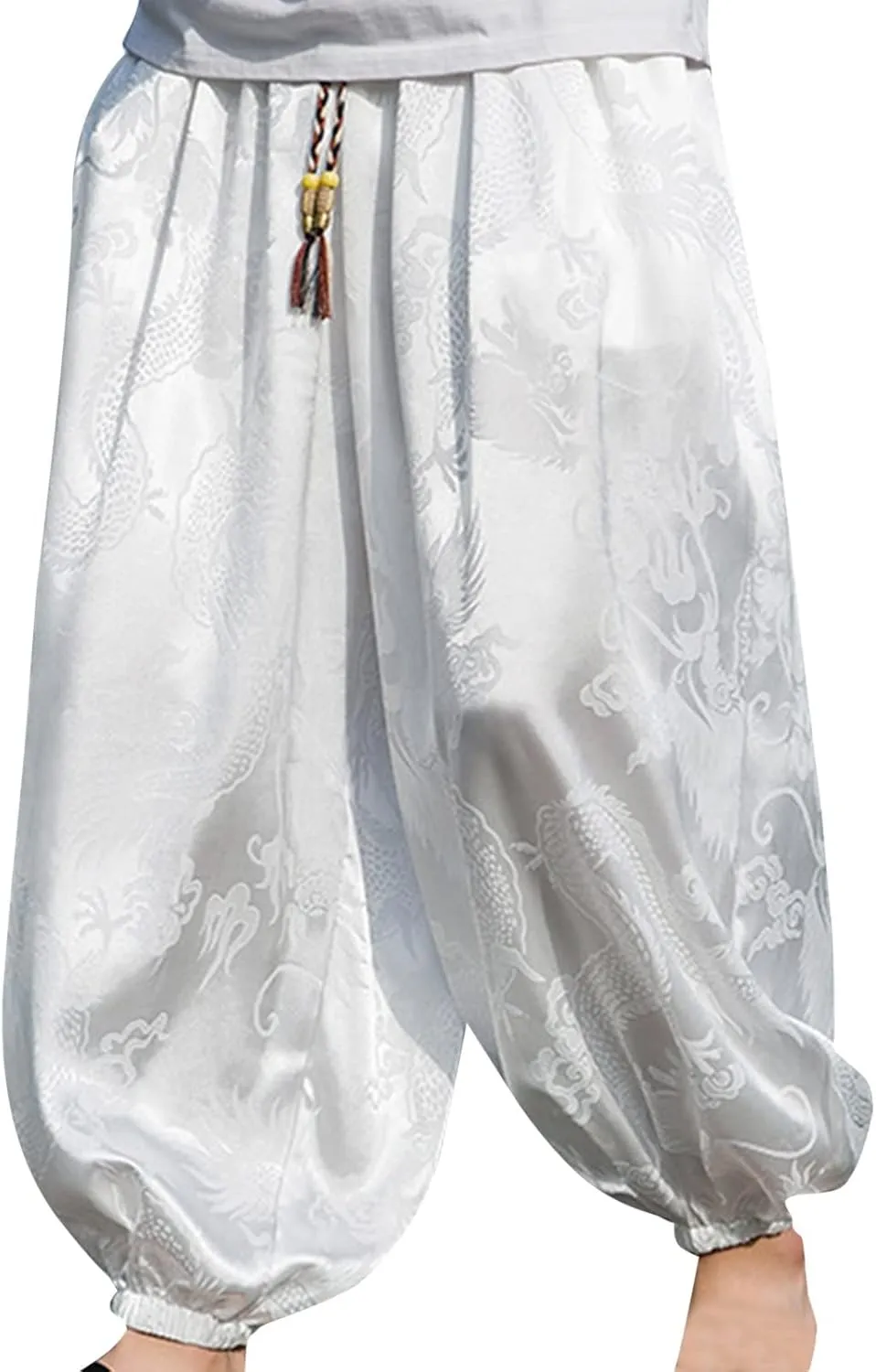 Mens Summer Ice Silk Dragon Printed Harem Pants Big and Tall Wide Leg Loose Breathable Beach Pant Retro Yoga Hip Hop Bloomer