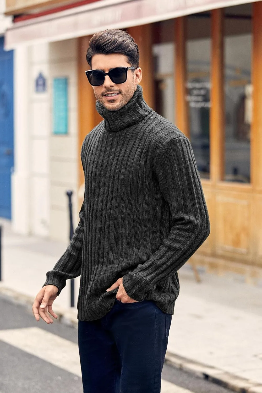 Mens Sweaters Turtleneck Cable Knitted Pullover Long Sleeve Slim Fit Chunky Casual Fall Winter Warm Cardigans
