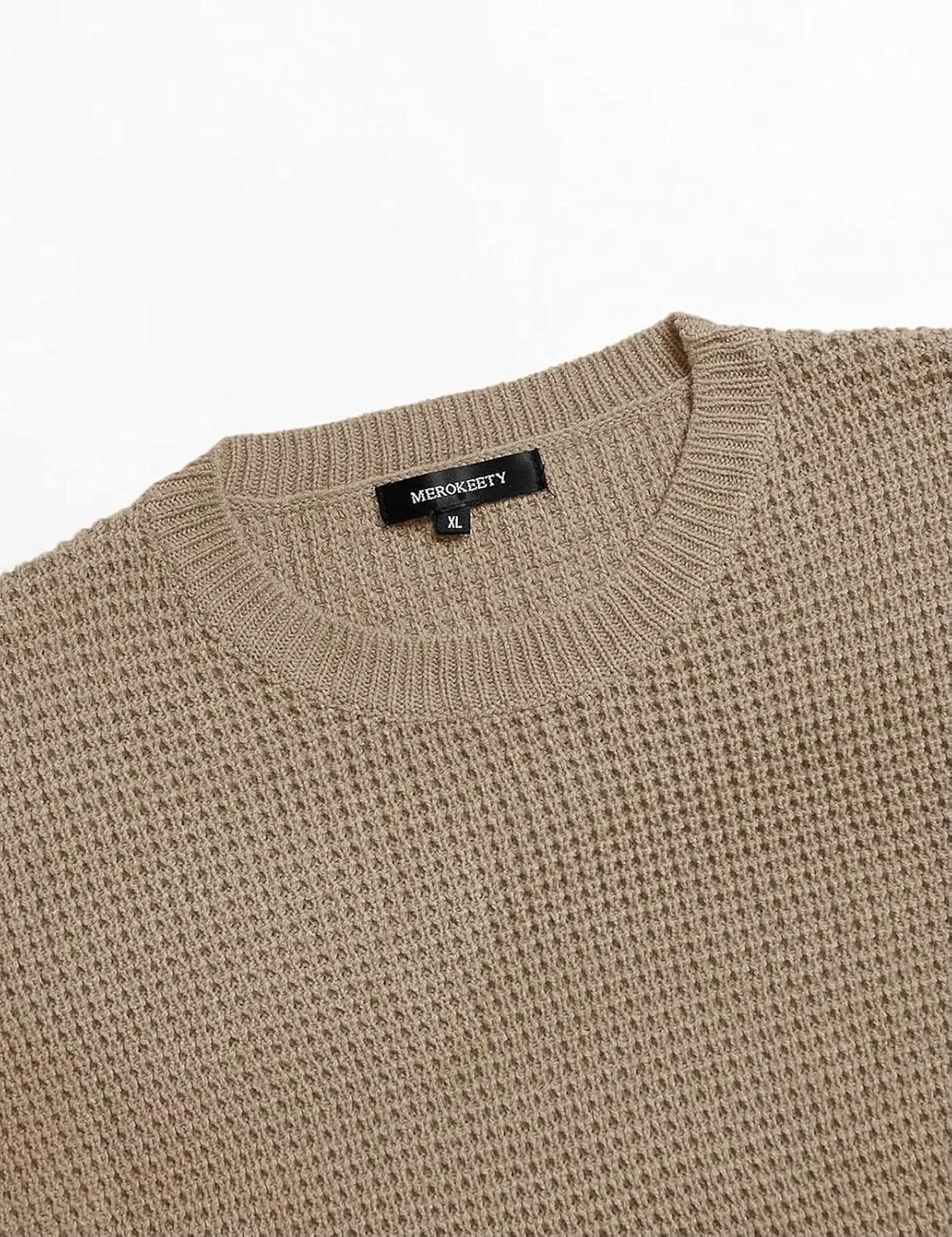 MEROKEETY Women's 2024 Long Sleeve Waffle Knit Sweater Crew Neck Solid Color Pullover Jumper Tops