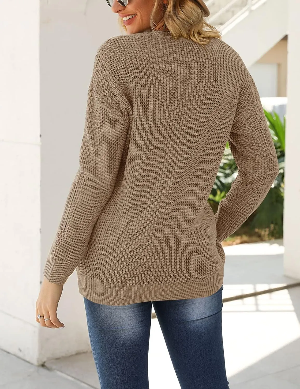 MEROKEETY Women's 2024 Long Sleeve Waffle Knit Sweater Crew Neck Solid Color Pullover Jumper Tops