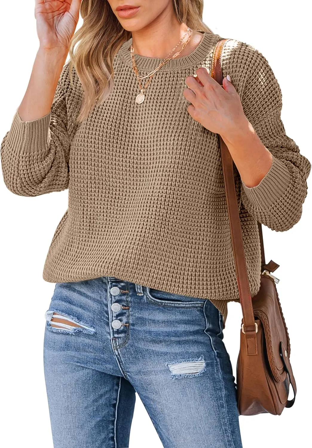 MEROKEETY Women's 2024 Long Sleeve Waffle Knit Sweater Crew Neck Solid Color Pullover Jumper Tops