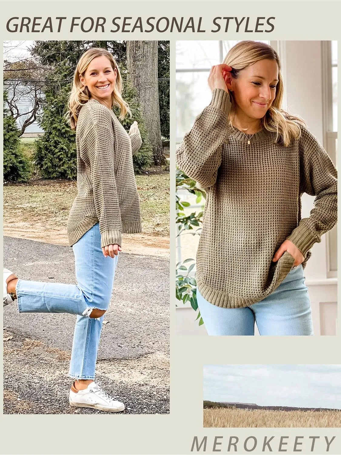 MEROKEETY Women's 2024 Long Sleeve Waffle Knit Sweater Crew Neck Solid Color Pullover Jumper Tops