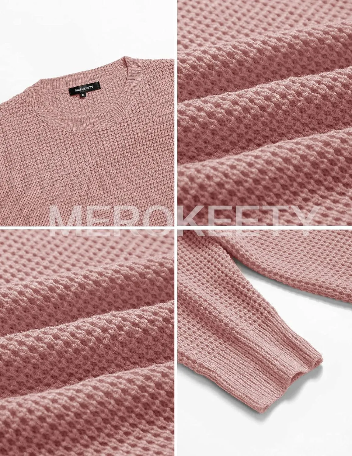 MEROKEETY Women's 2024 Long Sleeve Waffle Knit Sweater Crew Neck Solid Color Pullover Jumper Tops
