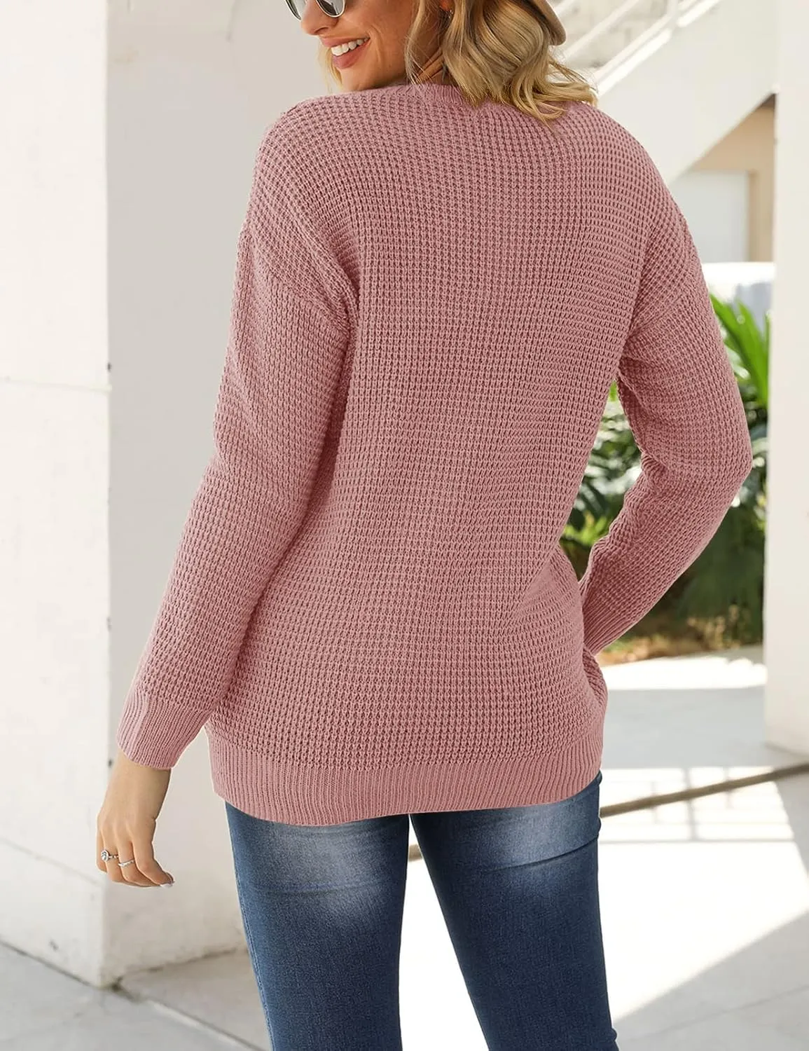 MEROKEETY Women's 2024 Long Sleeve Waffle Knit Sweater Crew Neck Solid Color Pullover Jumper Tops