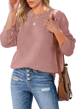 MEROKEETY Women's 2024 Long Sleeve Waffle Knit Sweater Crew Neck Solid Color Pullover Jumper Tops