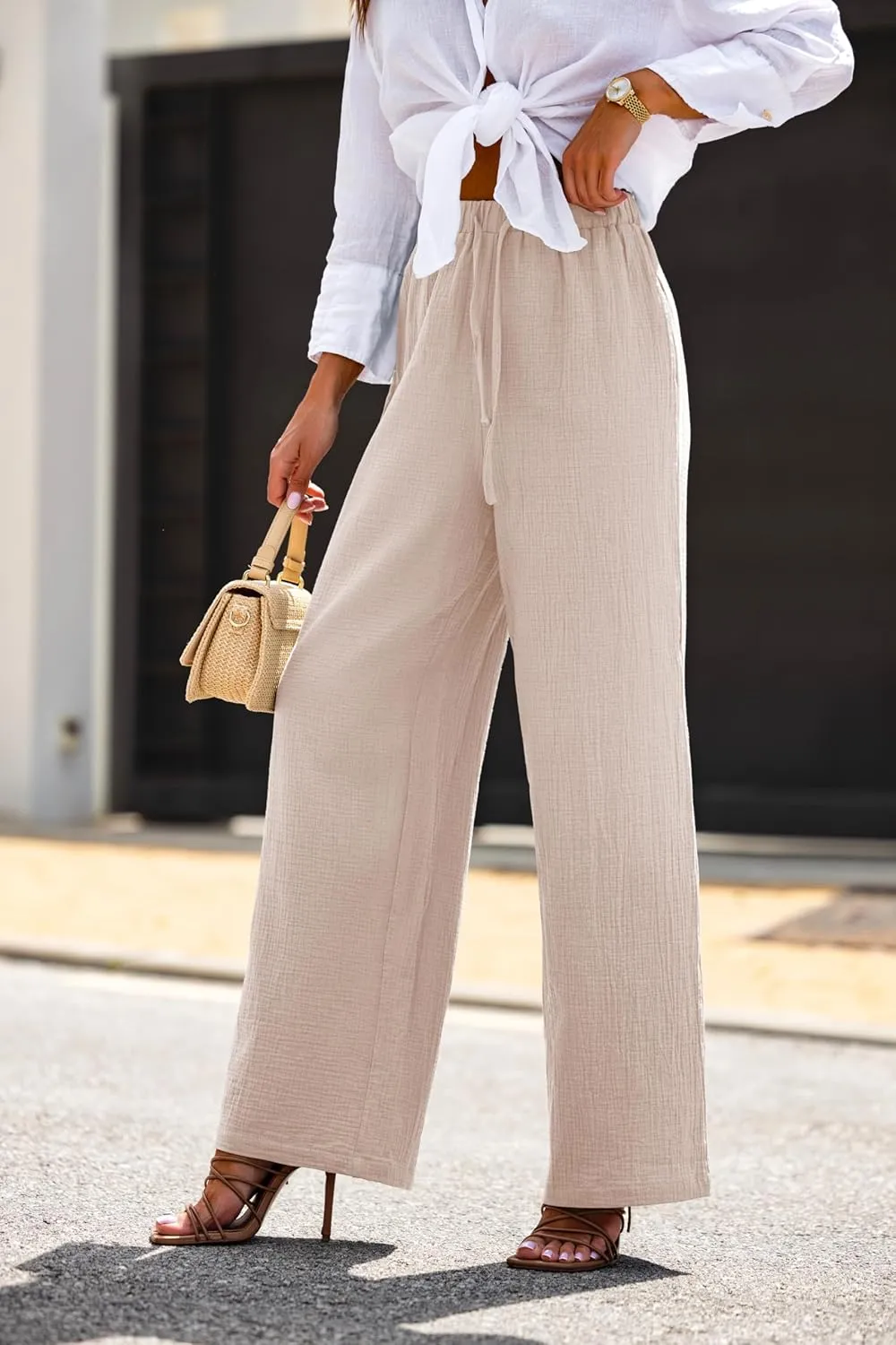 miduo Womens Cotton Drawstring Elastic High Waist Palazzo Pants Wide Leg Pants Casual Lounge Pant Trousers
