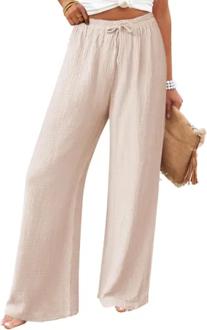 miduo Womens Cotton Drawstring Elastic High Waist Palazzo Pants Wide Leg Pants Casual Lounge Pant Trousers