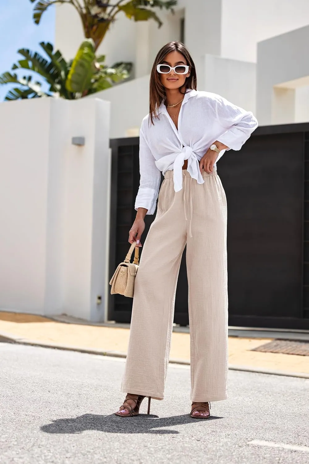 miduo Womens Cotton Drawstring Elastic High Waist Palazzo Pants Wide Leg Pants Casual Lounge Pant Trousers