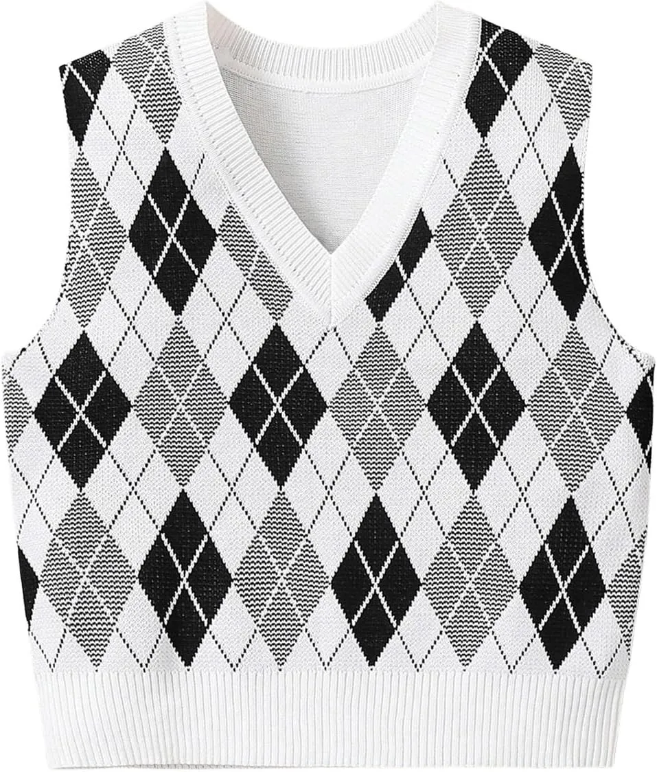 Milumia Girl's Heart Geo Argyle V Neck Sweater Vest Sleeveless Crop Tops Knitwear