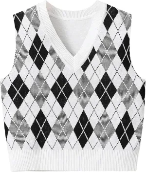 Milumia Girl's Heart Geo Argyle V Neck Sweater Vest Sleeveless Crop Tops Knitwear