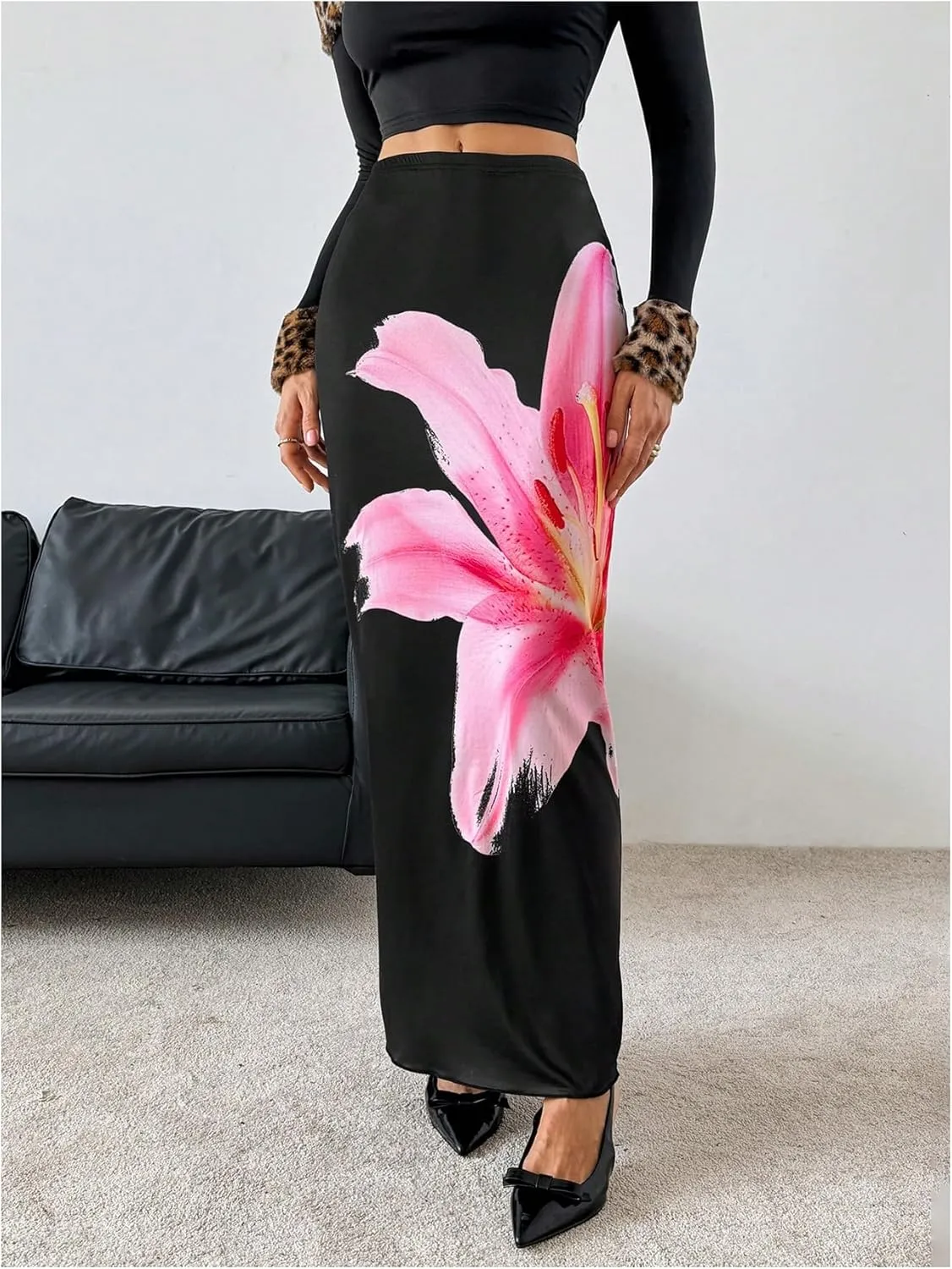 Milumia Women Floral Print Bodycon Long Skirt High Rise Wavy Hem Maxi Skirts