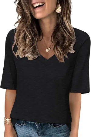 Minetom Women's V Neck T Shirts Casual Half Sleeve Tops Basic Summer Tees