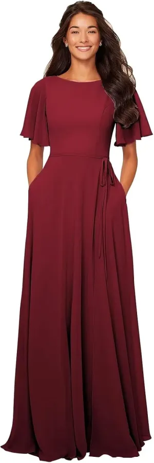 Modest Bridesmaid Dresses Short Sleeves Long Chiffon Formal Wedding Guest Gown with Pockets