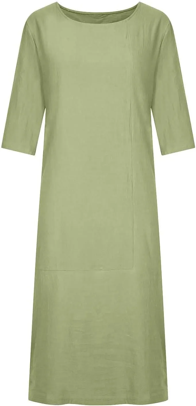 NaRHbrg Women's Cotton Linen Dresses Casual Loose Bohemian Dresses Short Sleeve Summer Beach Swing Dress Solid Color Sundress