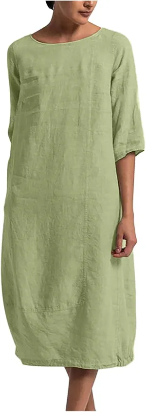 NaRHbrg Women's Cotton Linen Dresses Casual Loose Bohemian Dresses Short Sleeve Summer Beach Swing Dress Solid Color Sundress