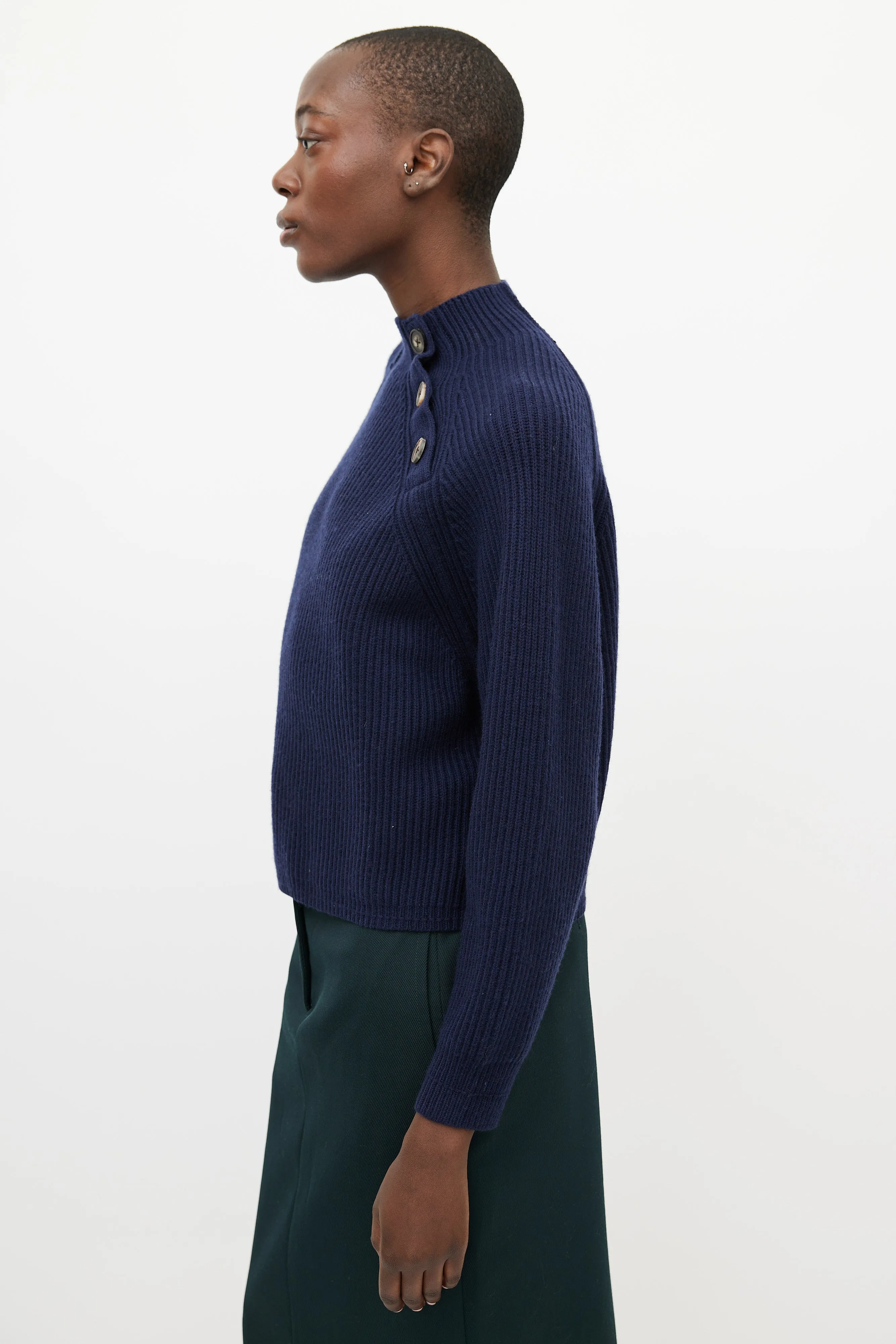Navy Wool Ribbed Knit Button Sweater