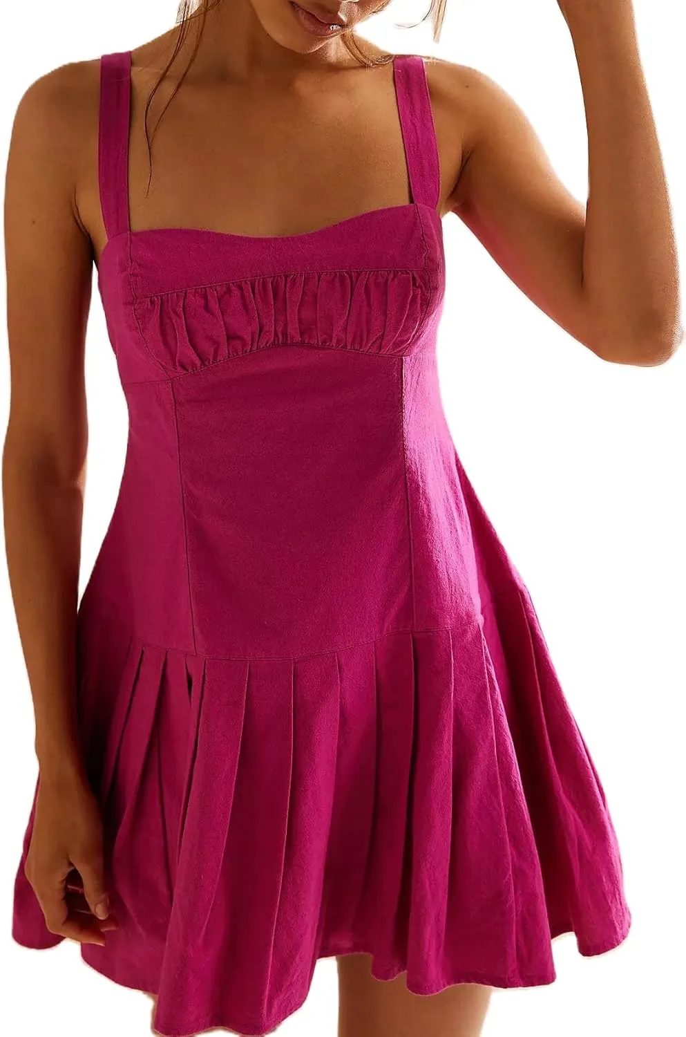 NUFIWI Women Y2k Summer Sleeveless Short Dress Tie Back Ruffle Pleated Mini Dress Cutout Flowy Beach Vocation Dress