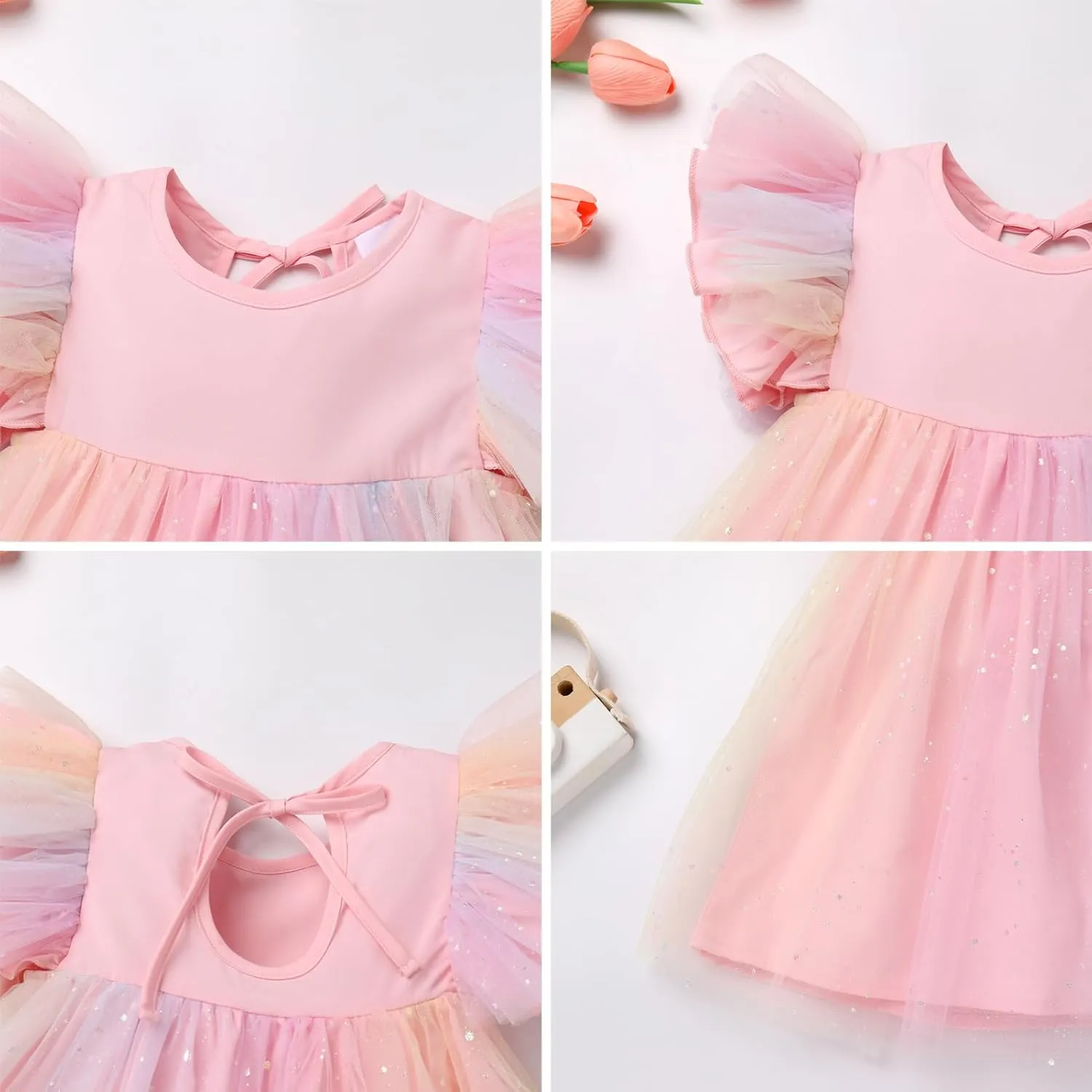 OBEEII Baby Girls Tutu Dress Flutter Sleeve Strawberry Rainbow Tulle Birthday Party Dress Boho Flower Girl Summer Sundress
