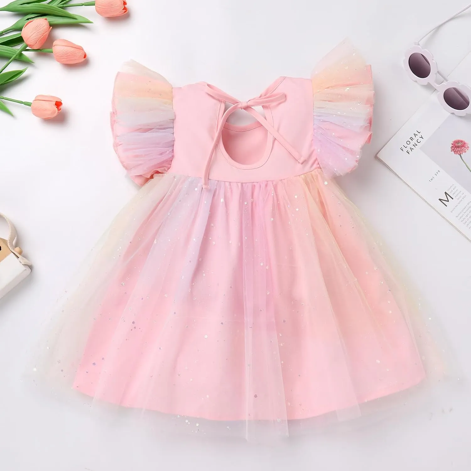 OBEEII Baby Girls Tutu Dress Flutter Sleeve Strawberry Rainbow Tulle Birthday Party Dress Boho Flower Girl Summer Sundress