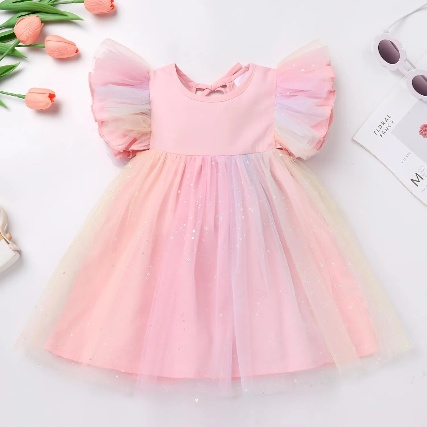 OBEEII Baby Girls Tutu Dress Flutter Sleeve Strawberry Rainbow Tulle Birthday Party Dress Boho Flower Girl Summer Sundress