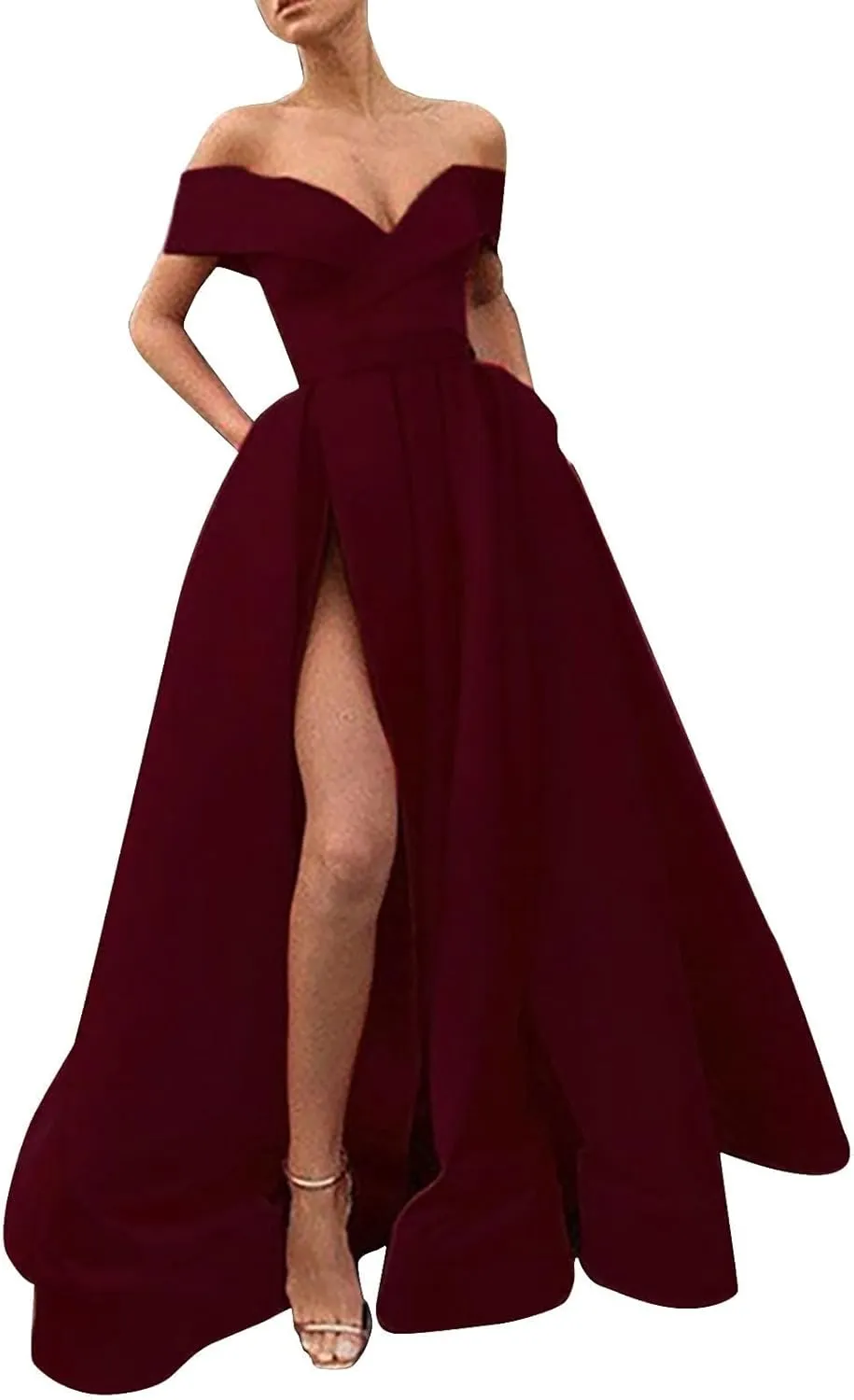 Off Shoulder Long Slit Prom Dresses for Women A-Line Backless Satin Formal Evening Party Gown with Pockets