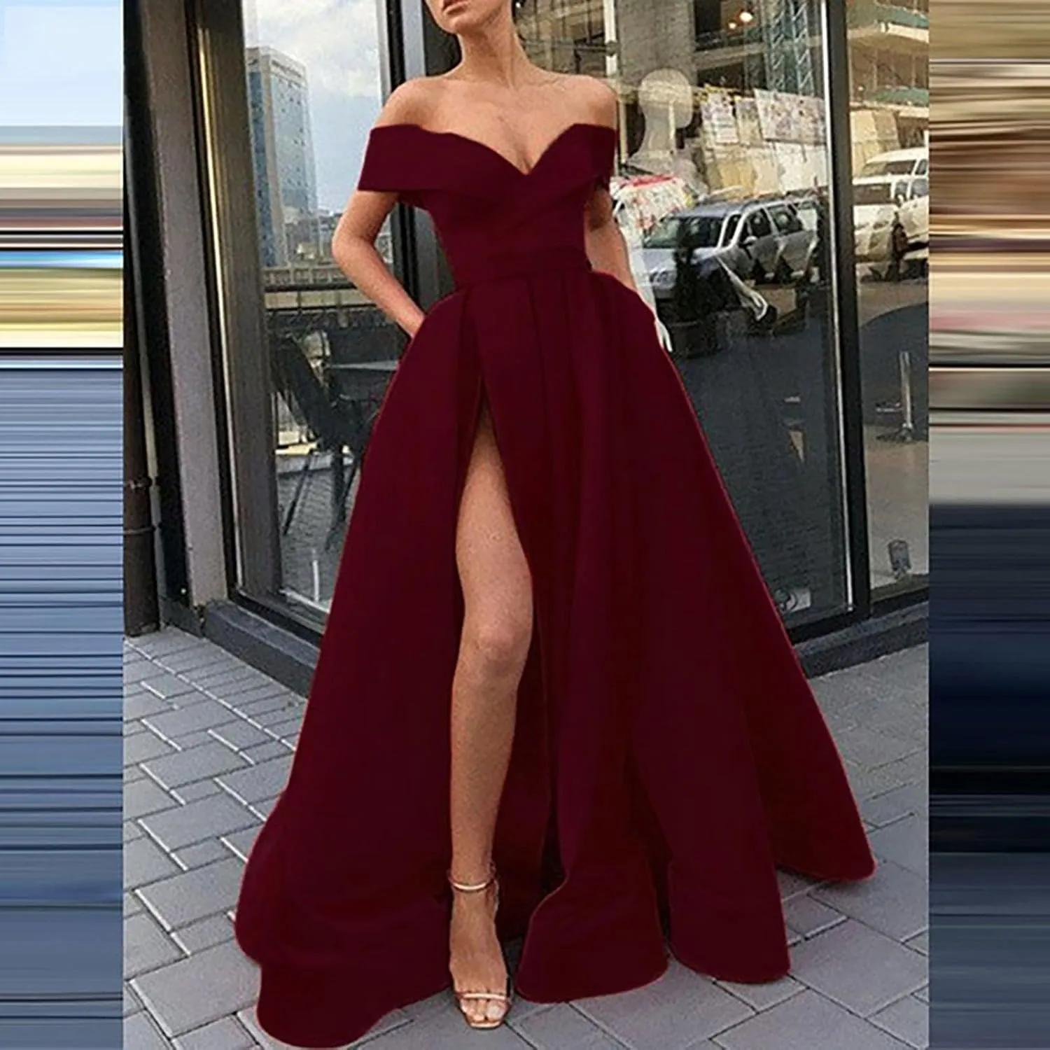 Off Shoulder Long Slit Prom Dresses for Women A-Line Backless Satin Formal Evening Party Gown with Pockets