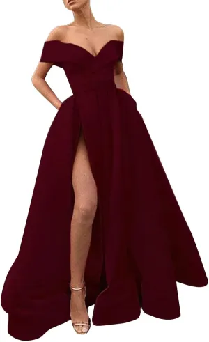 Off Shoulder Long Slit Prom Dresses for Women A-Line Backless Satin Formal Evening Party Gown with Pockets