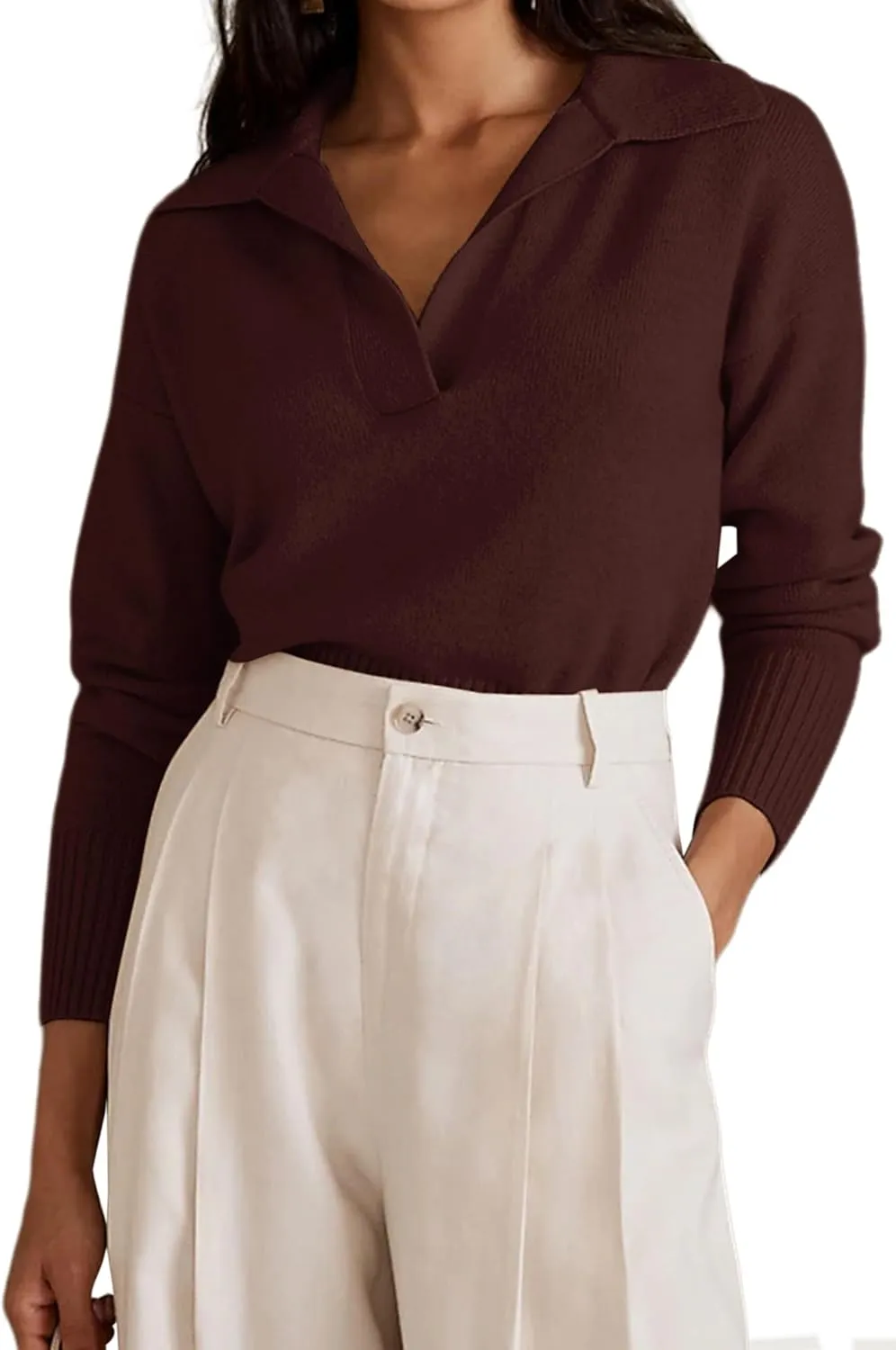 OLAPTA Women Knitted Lapel Collar Crop Sweater Polo V Neck Long Sleeve Loose Fit Casual Comfy Pullover Sweater Jumper Tops