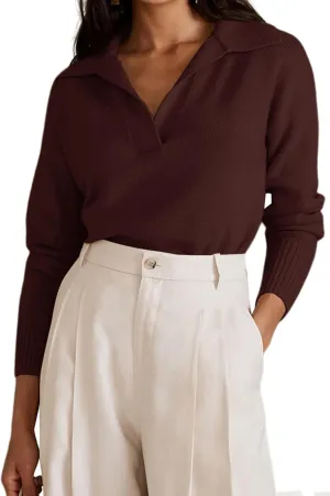 OLAPTA Women Knitted Lapel Collar Crop Sweater Polo V Neck Long Sleeve Loose Fit Casual Comfy Pullover Sweater Jumper Tops