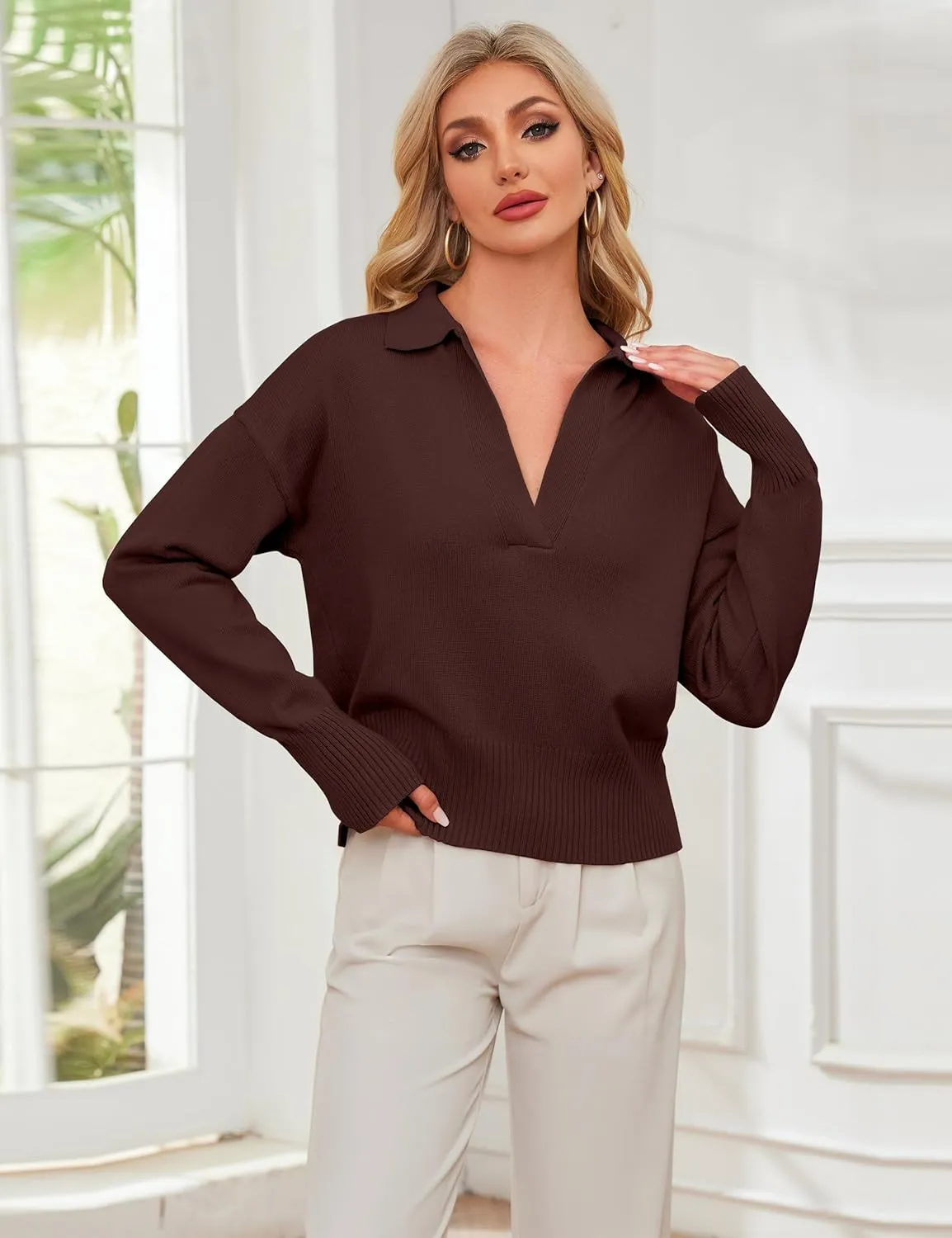 OLAPTA Women Knitted Lapel Collar Crop Sweater Polo V Neck Long Sleeve Loose Fit Casual Comfy Pullover Sweater Jumper Tops