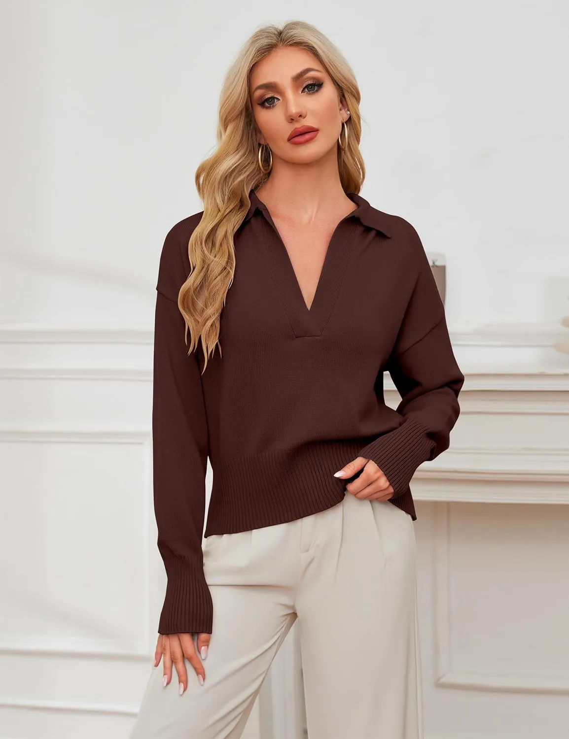 OLAPTA Women Knitted Lapel Collar Crop Sweater Polo V Neck Long Sleeve Loose Fit Casual Comfy Pullover Sweater Jumper Tops