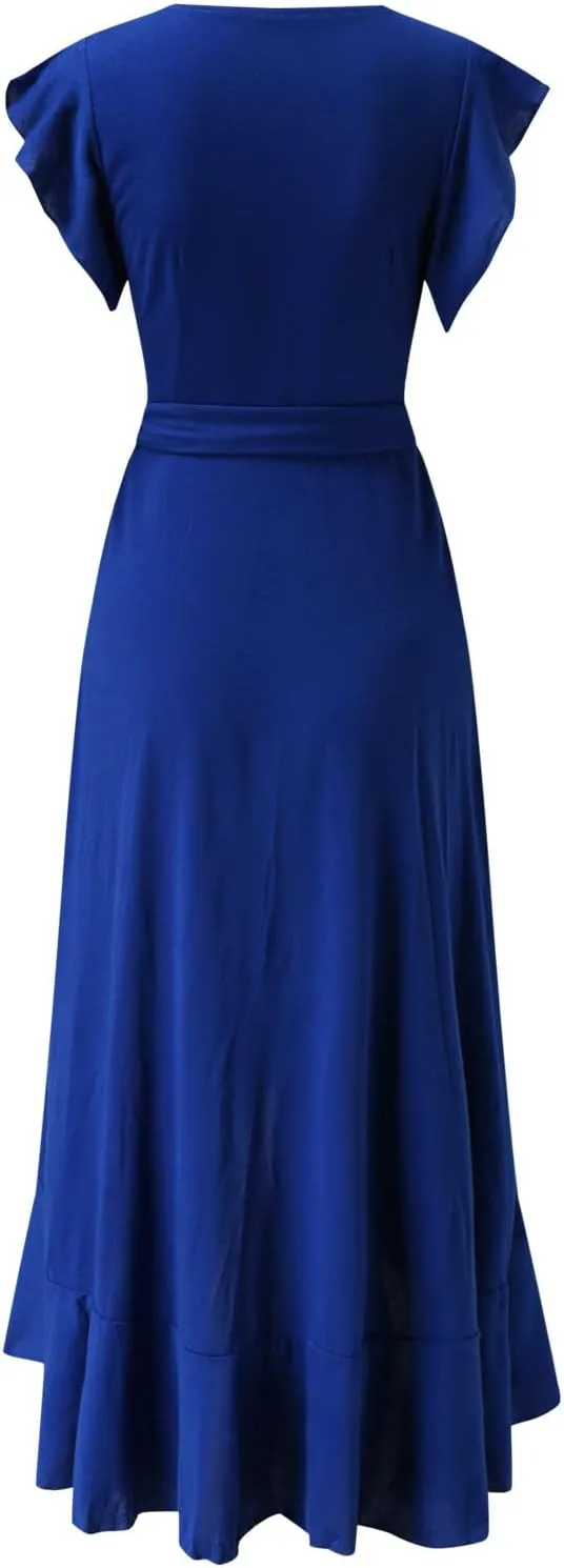 Ollysqiar Dresses Women's 2023 Floral Summer Dress Wrap V Neck Short Sleeve Belted Ruffle Hem A-Line Bohemian Dresses A02 67