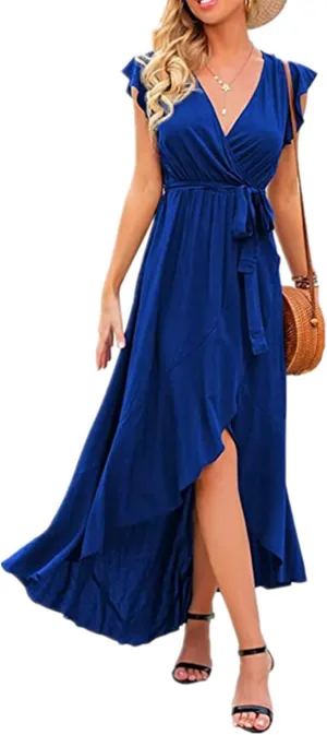 Ollysqiar Dresses Women's 2023 Floral Summer Dress Wrap V Neck Short Sleeve Belted Ruffle Hem A-Line Bohemian Dresses A02 67