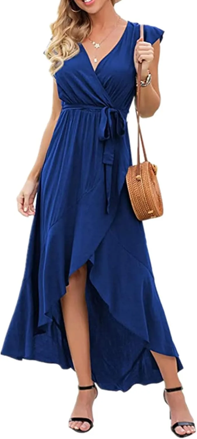 Ollysqiar Dresses Women's 2023 Floral Summer Dress Wrap V Neck Short Sleeve Belted Ruffle Hem A-Line Bohemian Dresses A02 67
