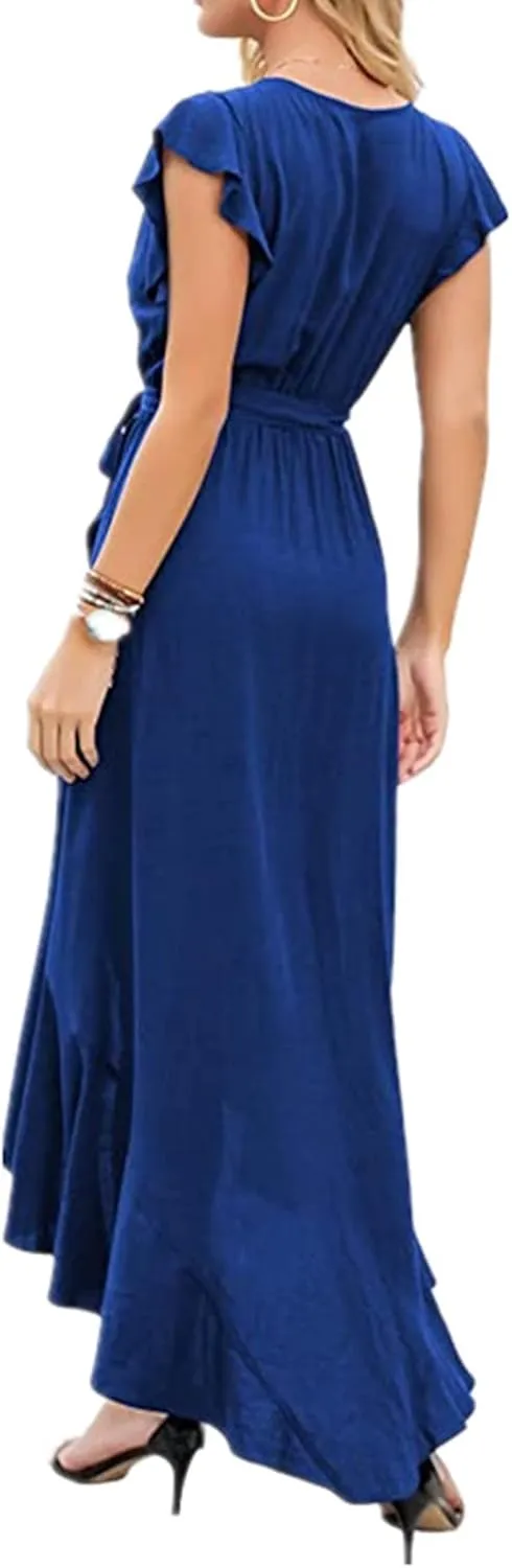 Ollysqiar Dresses Women's 2023 Floral Summer Dress Wrap V Neck Short Sleeve Belted Ruffle Hem A-Line Bohemian Dresses A02 67