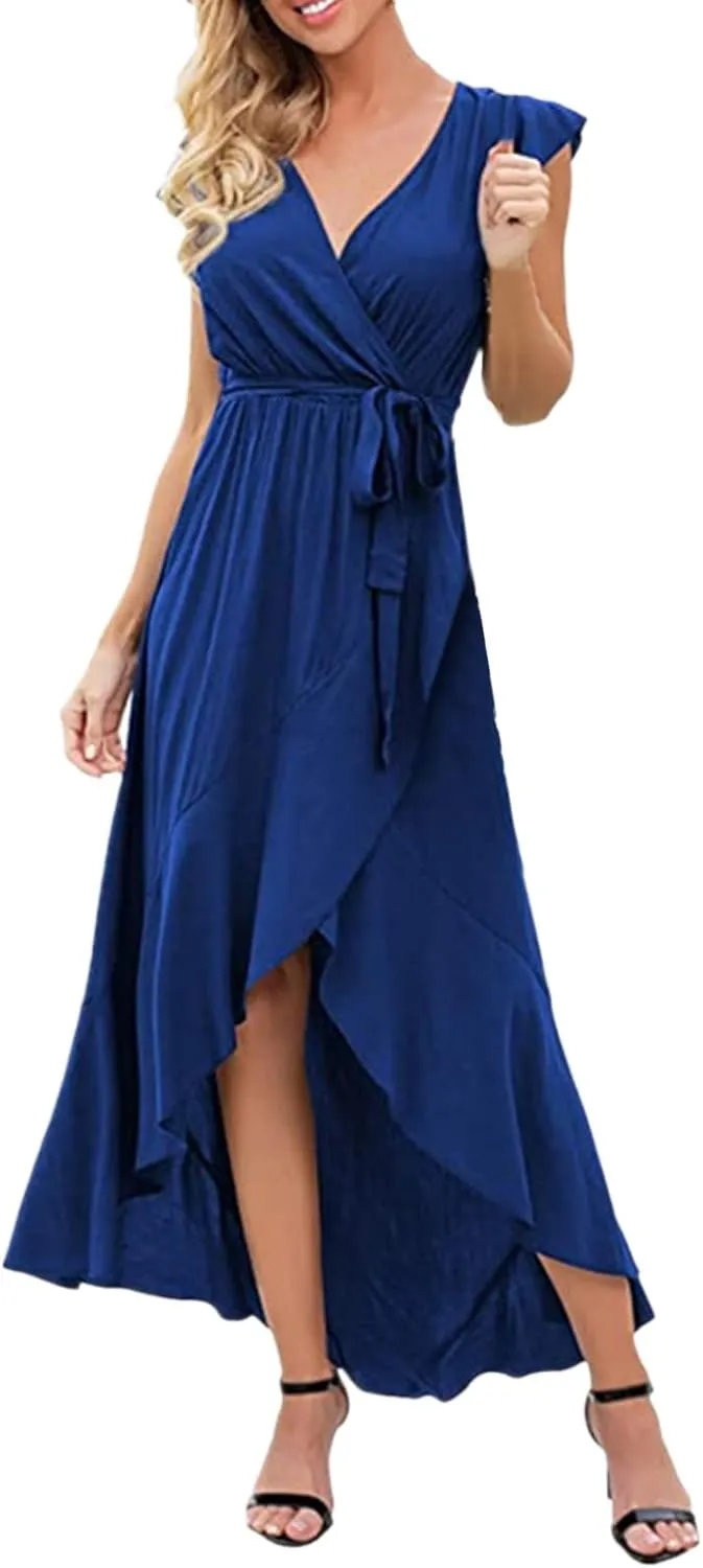 Ollysqiar Dresses Women's 2023 Floral Summer Dress Wrap V Neck Short Sleeve Belted Ruffle Hem A-Line Bohemian Dresses A02 67
