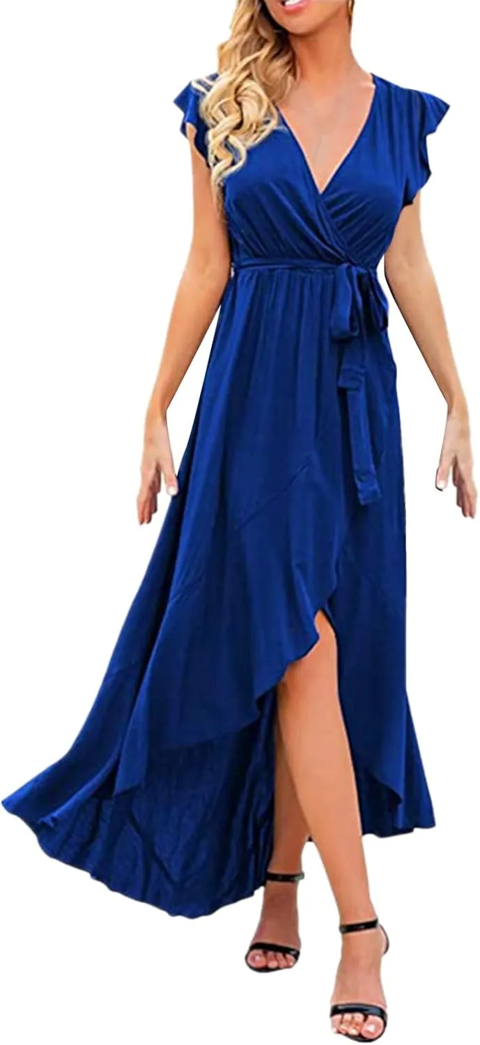 Ollysqiar Dresses Women's 2023 Floral Summer Dress Wrap V Neck Short Sleeve Belted Ruffle Hem A-Line Bohemian Dresses A02 67