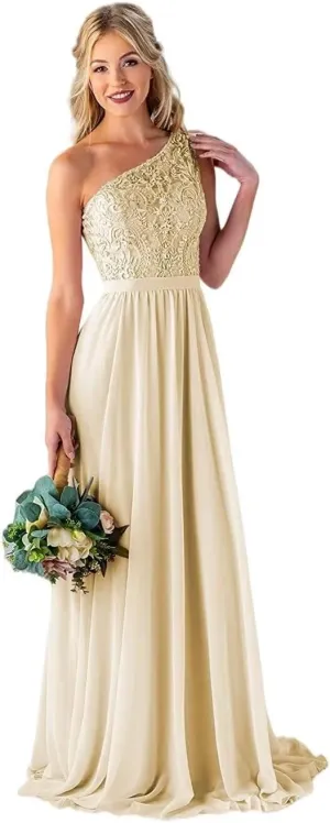 One Shoulder Bridesmaid Dresses Long for Wedding Lace Bodice Chiffon Formal Evening Party Gown with Pockets