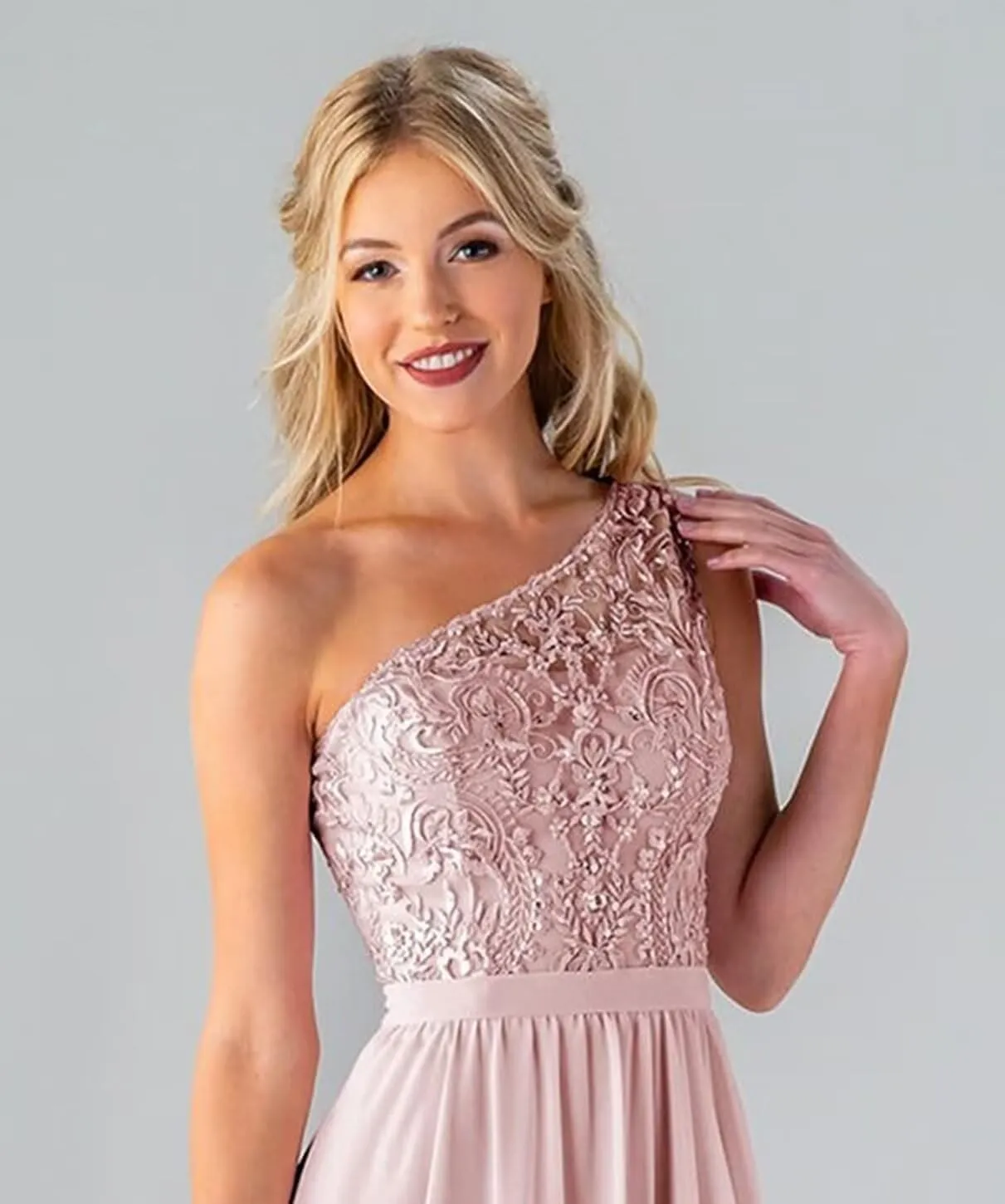 One Shoulder Bridesmaid Dresses Long for Wedding Lace Bodice Chiffon Formal Evening Party Gown with Pockets