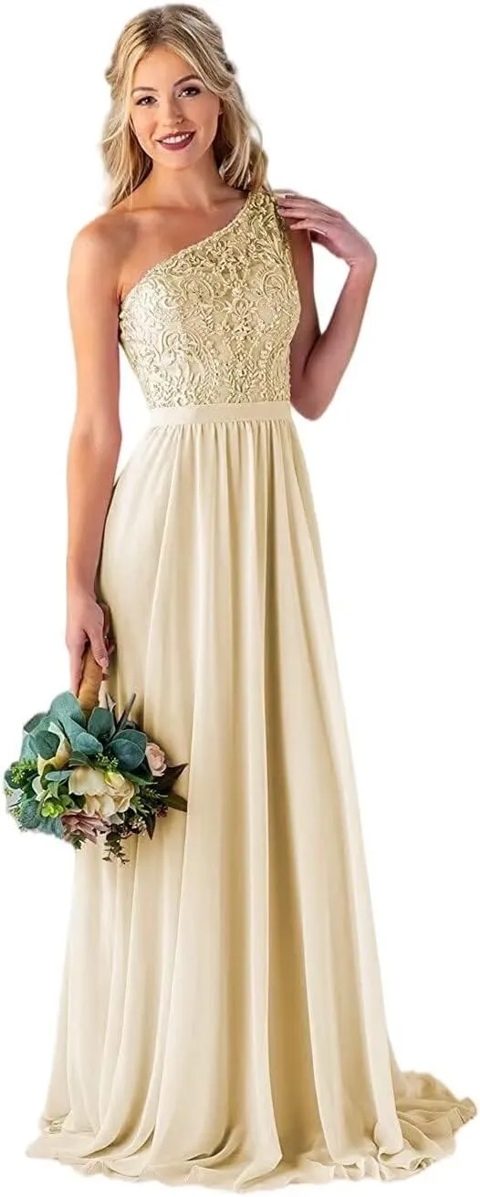 One Shoulder Bridesmaid Dresses Long for Wedding Lace Bodice Chiffon Formal Evening Party Gown with Pockets