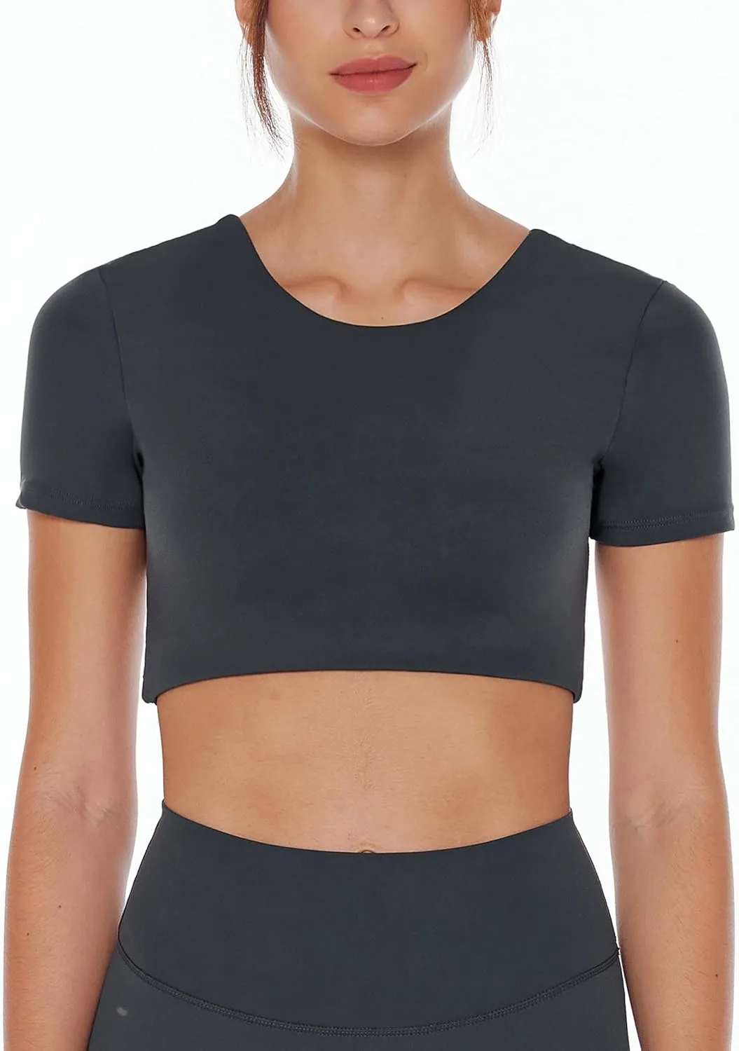 Open Back Workout Crop Tops for Women Backless Yoga Shirts Gym Short Sleeve Mild Support Compression Tee with Bra